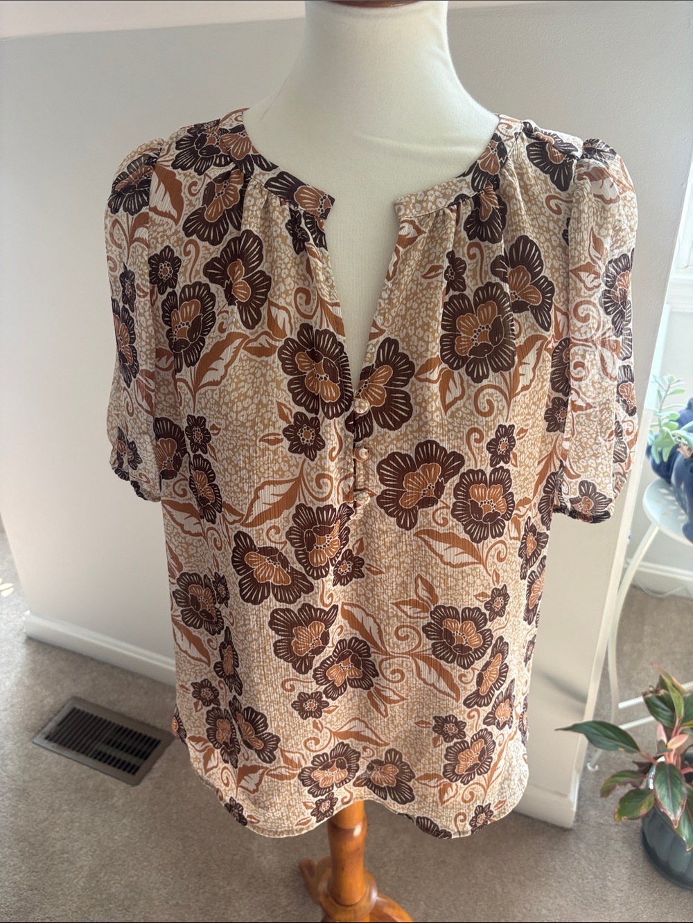 LOFT Cream Blouse with Brown Floral Design